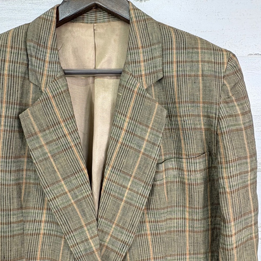 Karen Kane Lifestyle Blazer Size 8 Beige Tan Plaid Linen Jacket Vintage 90s